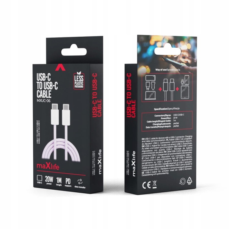 Maxlife kabel MXUC-06 USB-C - USB-C 1,0 m 20W fiol