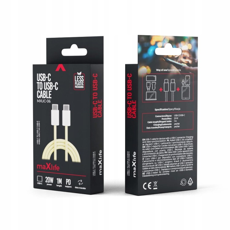 Maxlife kabel MXUC-06 USB-C - USB-C 1,0 m 20W żólt