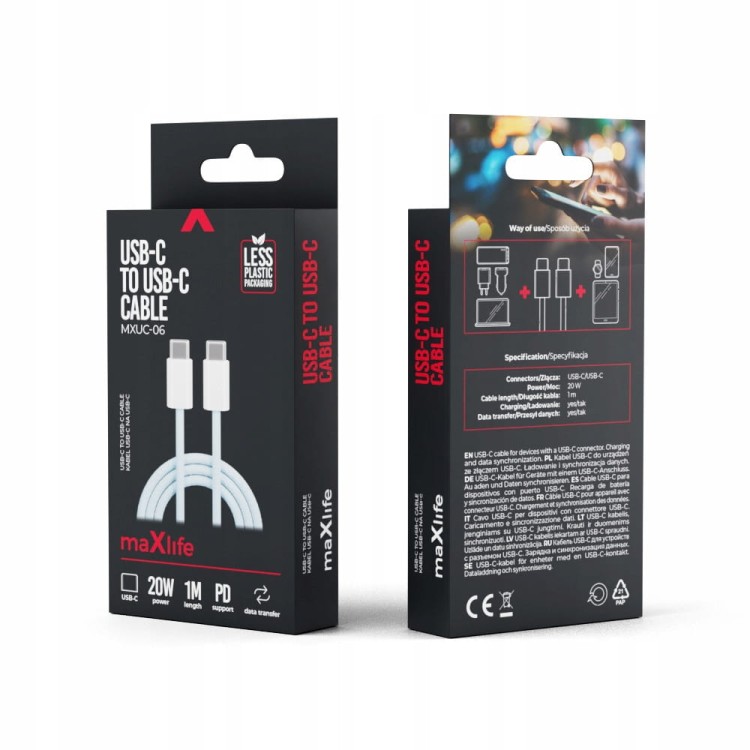 Maxlife kabel MXUC-06 USB-C - USB-C 1,0 m 20W nieb