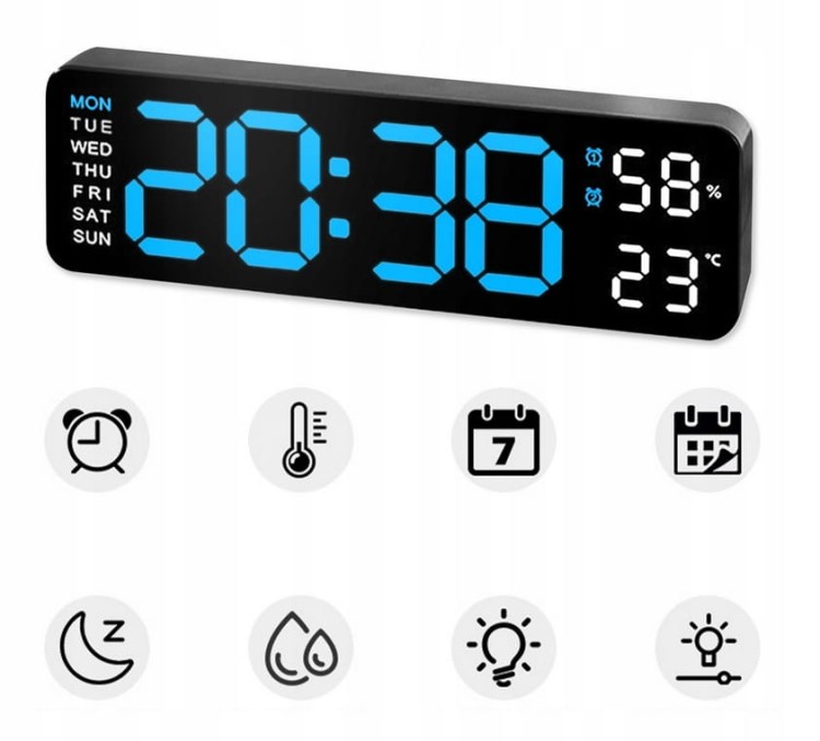 Zegar Elektroniczny Budzik LED Głośny Drzemka Termometr Higrometr XXL Duży