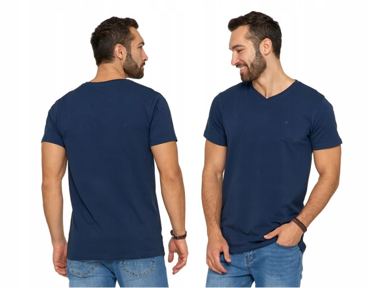Granatowa KOSZULKA MĘSKA T-shirt Serek Slim Fit Moraj r. M